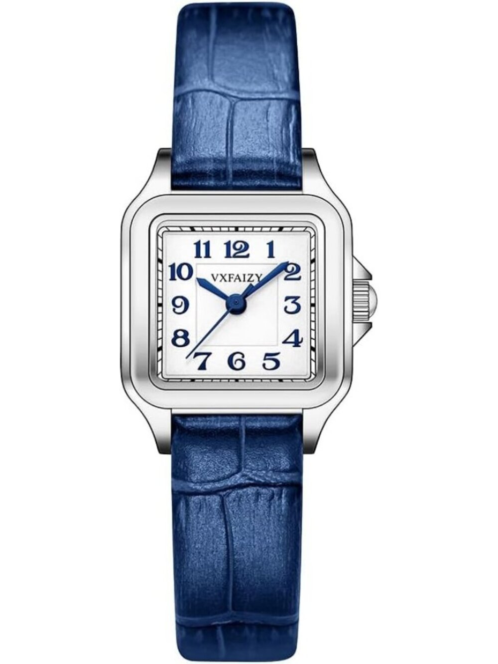 Women's Blue Silver Leather Band Dainty Square Quartz Dress Stylish Wrist Watch